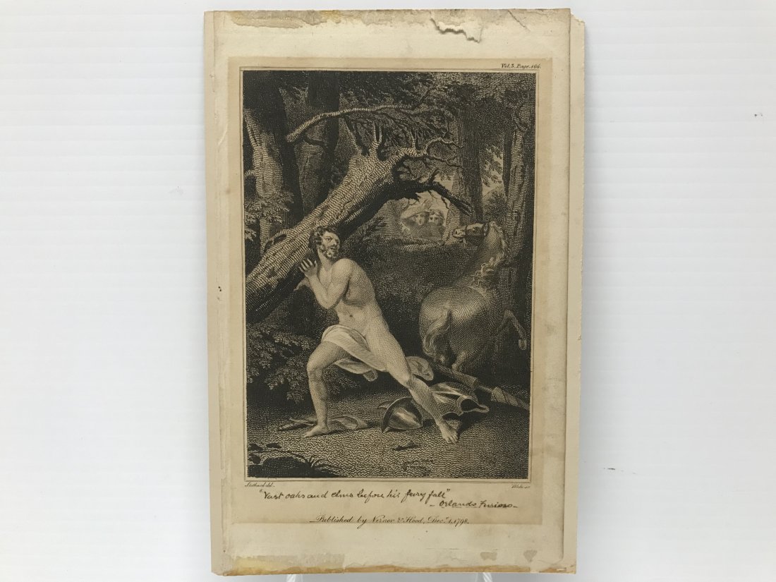 Orlando Furioso Etching by W. Blake & T. Stothard: Orlando Furioso etching dated dec 1. 1798 author is William Blake after Thomas Stothard . Glued on cardboard, measures 8 1/2 inches x 5 1/8 inches. Unframed.