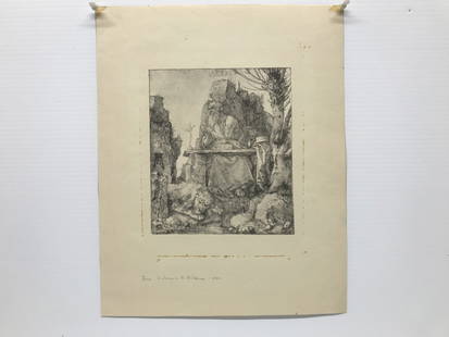 Albrecht Durer 1471-1528 St. Jerome Etching: Print-Etching of Saint Jerome, reproduction probably of the 19-20th century. Measures 14 3/4 inches x11 3/4 inches.