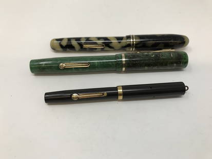 Lot of Three Vintage Fountain Pen 14k Nib Eclipse Waterman: Lot of three fountain pen, one Eclipse fountain pen, 14k gold nib, one Waterman Ideal 14k nib, 1906 Patented and a green marbled fountain pen no nib and missing part. Sold as is.