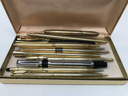 Lot of 10 Ballpoint Pens & 3 Pencil .Box: Lot of 13 pens: 1 Gucci goldplated on sterling silver enameled, three goldplated Shaeffer ballpoint pen and one pencil pen. Two waterman one goldplated, one 925 silver & black resin, three Cross gold