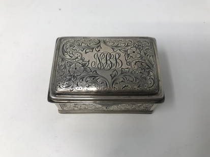 Mappin & Webb Sterling Silver Stamp Box: Mappin & Webb sterling silver stamp box with monogram on the top. Stamped in the front, nice art nouveau engraving. Measures 2.5 cm x 5.4 wide x 3.8 cm tall.