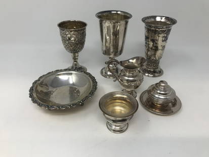 Judaica lot of Three Kiddush Cup, One Jug - Plate Salt Cellars: Lot of 7 Judaica 800 silver items, 3 Kiddush cup 1 x 4 3/8 inches tall, 1 3 3/4 inches tall, 1 x 4 inches tall, 1 jug 2 5/8 inches tall, one three footed bowl 4 inches in diameter x 1 inch tall, one o