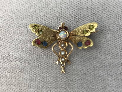 Victorian 14k Yellow Gold Butterfly Brooch Natural Stones: Victorian 14k yellow gold butterfly brooch with stones opal pearls etch, not marked but acid tested. Measures 25 mm x 20 mm, weighs 2.7 grams.