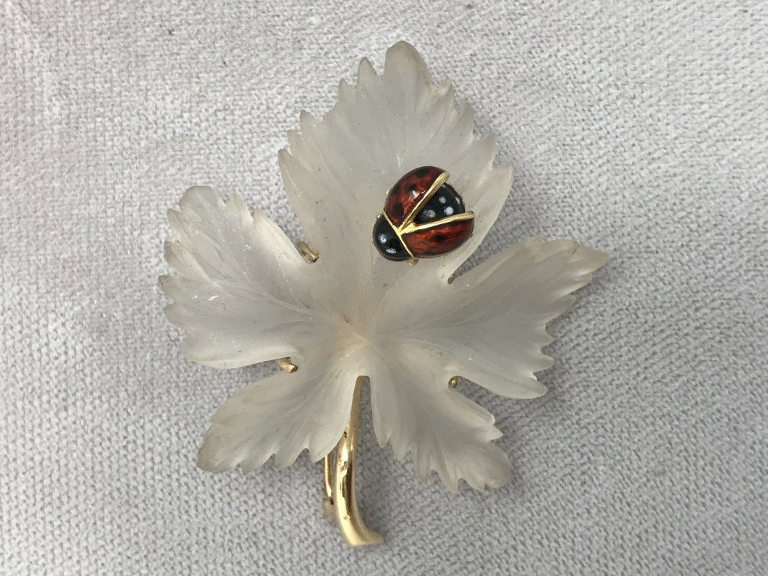 Vintage 14k Gold Quartz Leaf and Enameled Gold Lady Bug Brooch (1 of 4)
