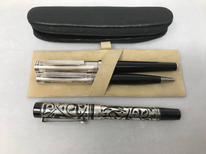 Set of Fountain Pen & Roller pen 925 Silver Black Acrylic & Laban Fountain Pen: Set of a vintage fountain pen & a roller pen made of 925 silver ( marked) and acrylic with an inscription, plus a laban fountain pen silver on black acrylic, M. Iridium Nib signed "Soprane", In good c