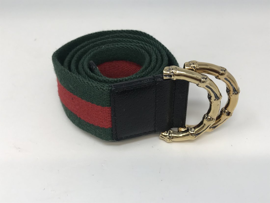 Gucci Green Red Canvas Web Bamboo Belt Gold Hardware: Gucci Green red canvas web bamboo belt with gold hardware total length 40 inches x 1 5/8 inches wide, preowned.