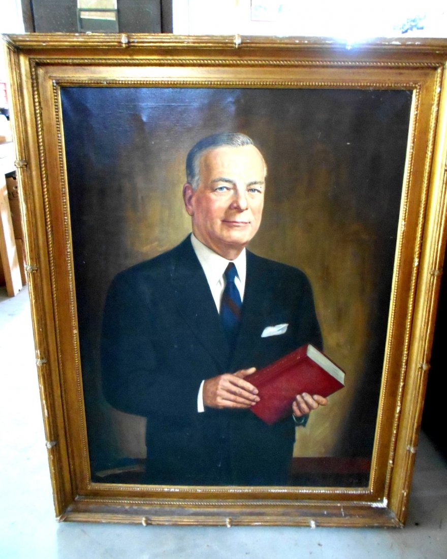 FALSTAFF Oil Painting: Circa 1920s-1930s oil painting by CJ Fox of who purported to be Alvin Griesedieck, member of the founding family of the Falstaff Brewing Company. Small hole in canvas next to left eye. Frame 47.5” h