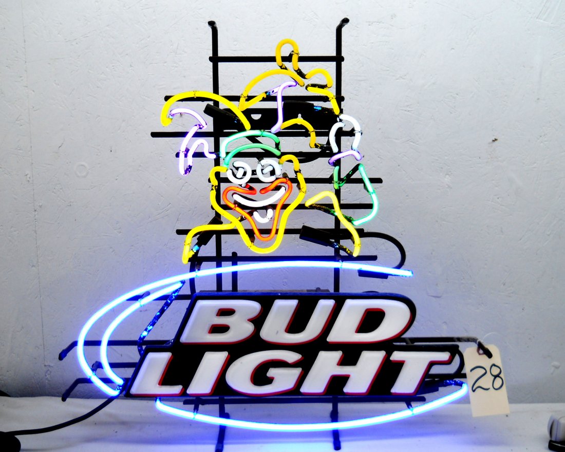 BUD LIGHT Neon Sign: Vintage BUD LIGHT Neon Sign. Bud Light neon with Mardi Gras Jester / Clown. 28”H x 28.5” W
