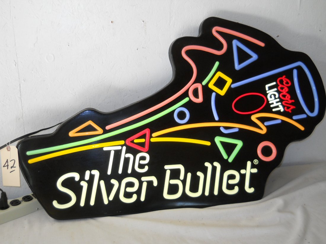 COORS BEER Neon Sign: Vintage COORS BEER Faux Neon Sign. “The Silver Bullet” faux neon sign. 24” H x 40” W