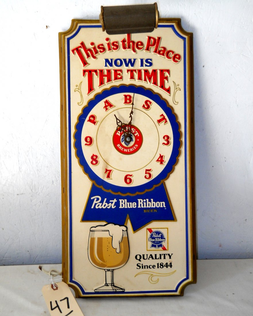 PABST BLUE RIBBON BEER Clock with Lamp: Vintage PABST BLUE RIBBON BEER Wall Clock with Lamp. Blue, red and brown. Unknown if it works, needs new plug/rewire. 24” H x 11.5” W