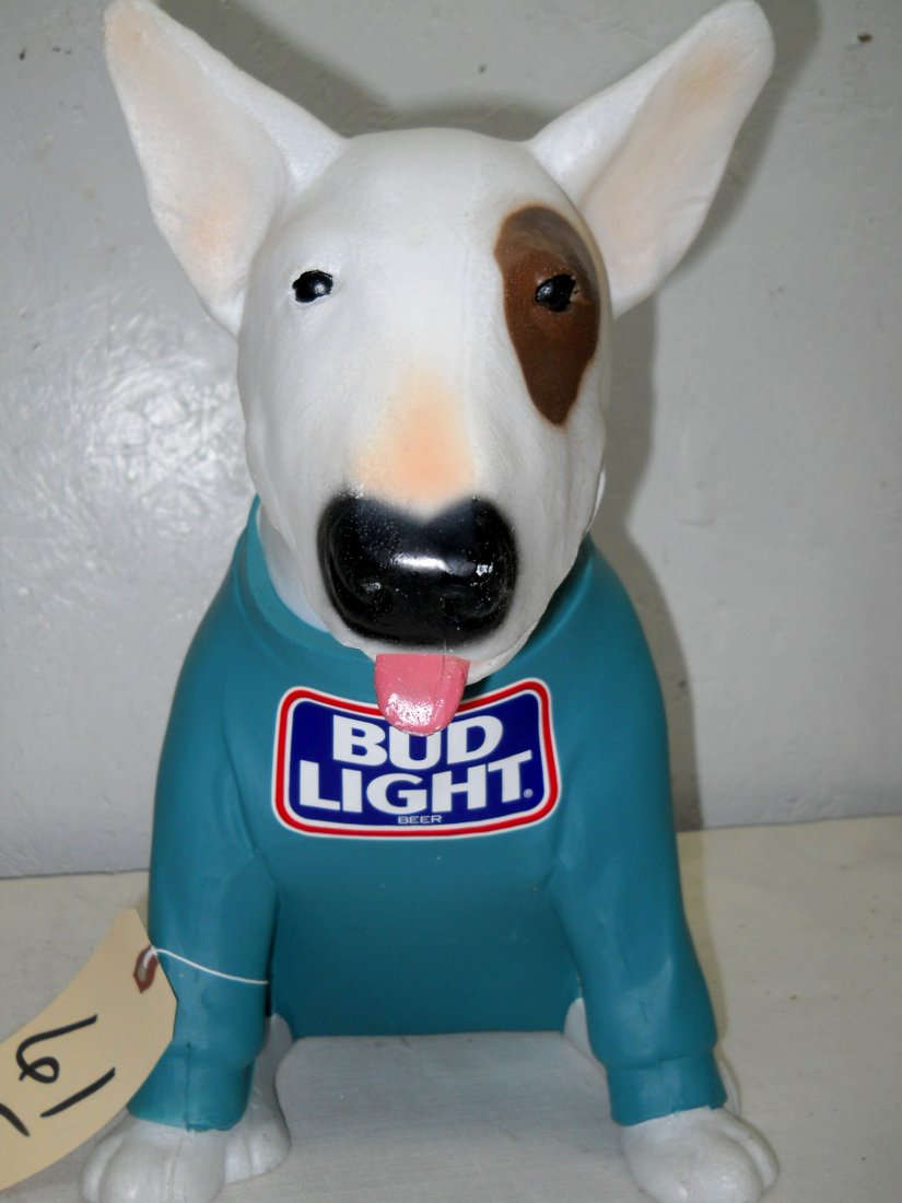 BUD LIGHT BEER Light - Spuds McKenzie: Vintage Spuds McKenzie Light (w/out light) BUD LIGHT advertisement. Bud Light logo his chest. 15” H x 10” W x 18” D