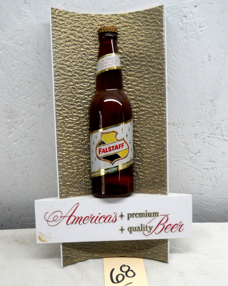 FALSTAFF BEER Wall Sign: Vintage wall advertisement sign with Falstaff beer bottle in middle. 7” H x 15” W x 2.5” D