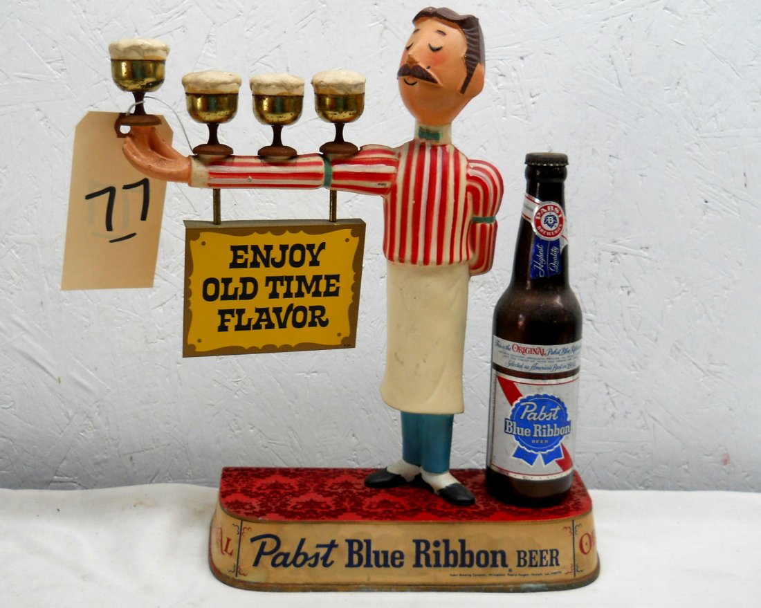 PABST BLUE RIBBON BEER Bar Top décor: Vintage PABST BLUE RIBBON BEER Bar Top advertisement décor featuring a server with armful of drink and beer bottle and “Pabst Blue Ribbon, Original” across the bottom. 15” H x 12” W x 3.25”