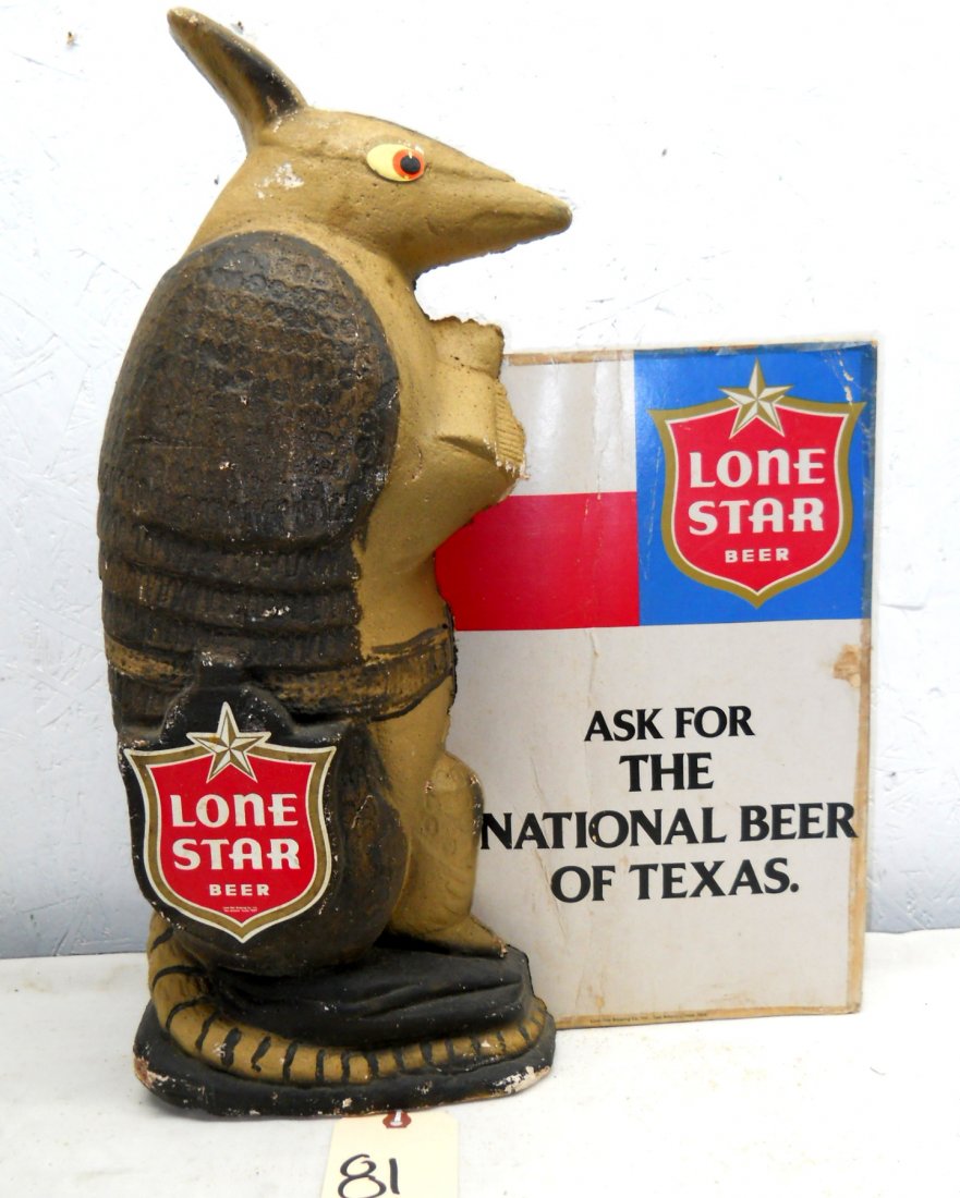 LONE STAR BEER Armadillo Décor: Lone Star Beer advertisement styrofoam Armadillo holding sign that says “ Ask the the National Beer of Texas”. 21.5” H x 14” W x 8” D