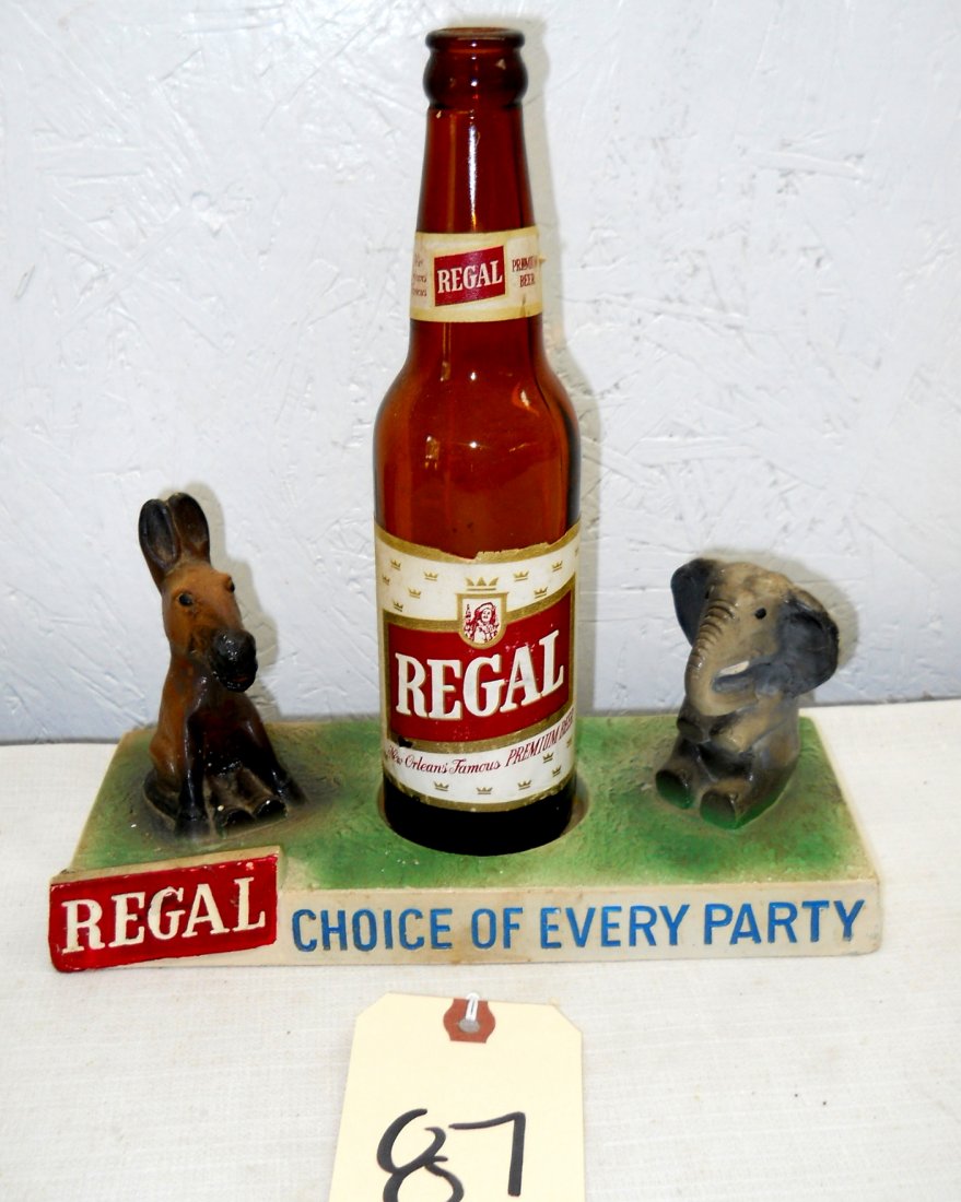 REGAL BEER Bartop Display: Vintage Regal Beer chalkware bartop display advertisement. Political Party Reference with Beer Bottle and Donkey and Elephant. 10.25” H x 9.5” W x 3.75” D