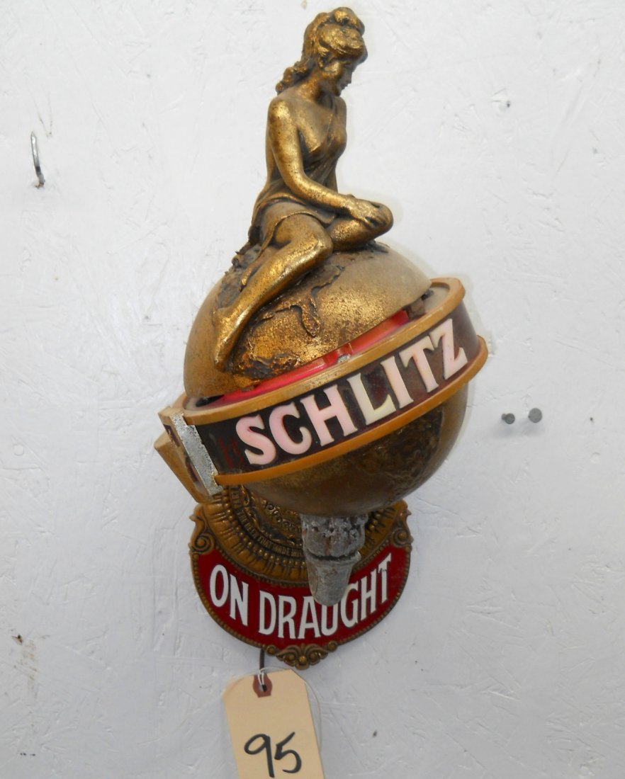 SCHLITZ BEER Wall Sconce Light: Vintage SCHLITZ BEER wall sconce advertisement featuring beautiful golden lady atop a globe shaped wall sconce. Lights up red! 17” H x 17” W x 8”D