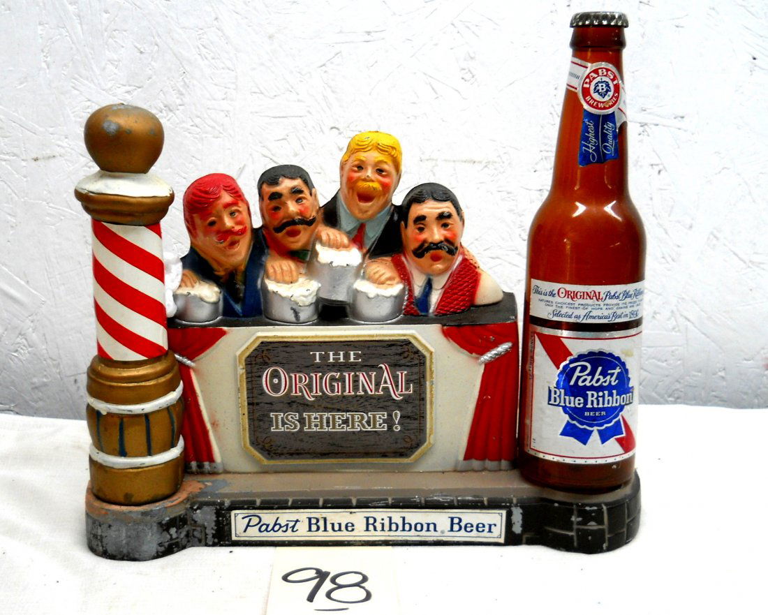 PABST BLUE RIBBON BEER Bartop décor: Vintage scene with a Barber Shop Quartet drinking PBR, with a barber pole the text “The Original Is Here”, light metal with plastic beer bottle. 11” H x 12” W x 3.25” D
