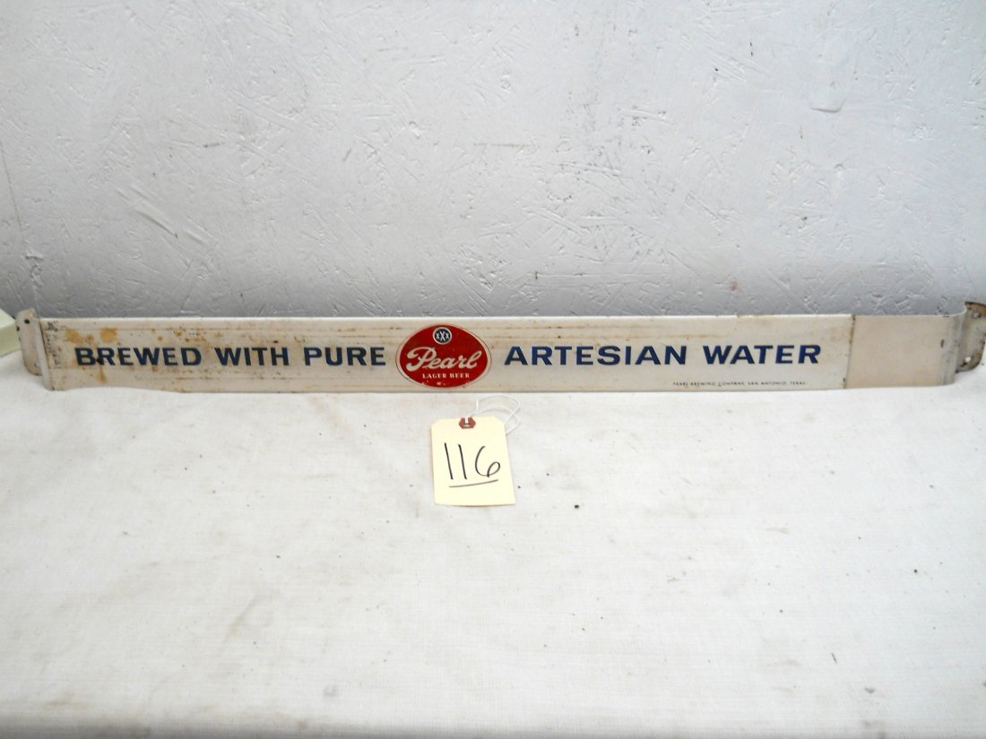 PEARL BEER Screen Door Pusher #2: Vintage, adjustable, Good condition, does not look to have been used, some signs of packaging wear on the lefthand side. 3” H x 30.75” W x 1.25” D