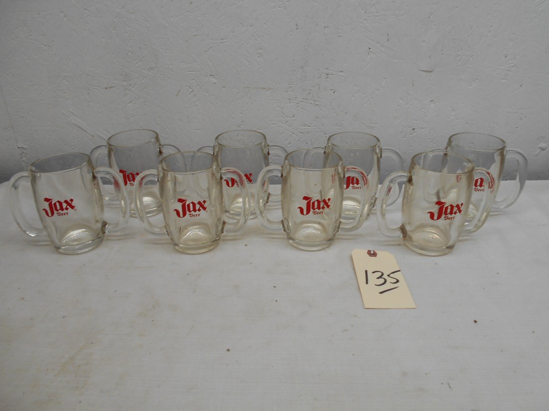 JAX BEER Glass Mugs - Double Handle: Vintage JAX BEER double handle glass advertisewment mugs. 8 Pc. Lot Mugs with Jax Beer Logo on side, in excellent condition, no chips or cracks.5” H x 6” W x 3.25”