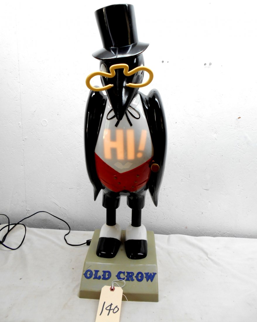 OLD CROW BOURBON Lighted Crow Figure: Vintage OLD CROW BOURBON figure bar top/store advertisement. Very large black plastic Crow that lights up and reads “Hi!” on chest. 31” H x 9” W x 11” D