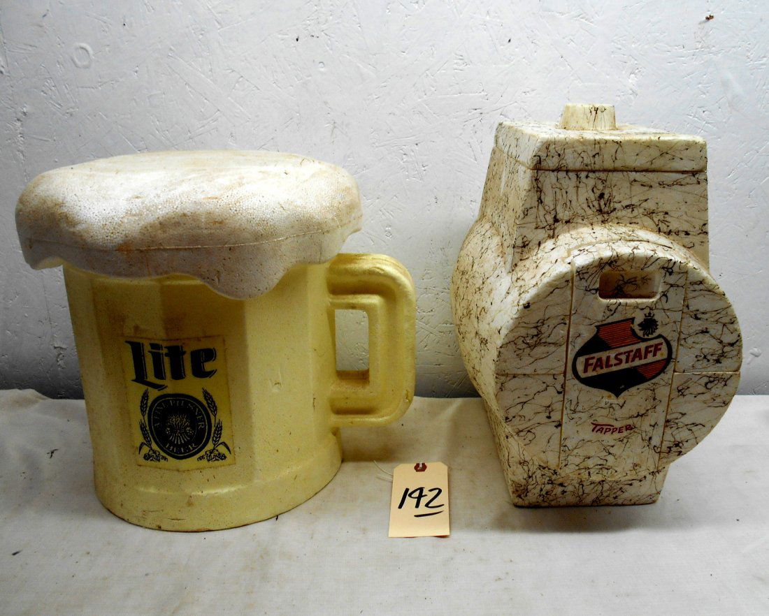 FALSTAFF BEER & BUD LIGHT BEER Nonelty coolers: Two styrofoam vintage coolers in novelty shapes
