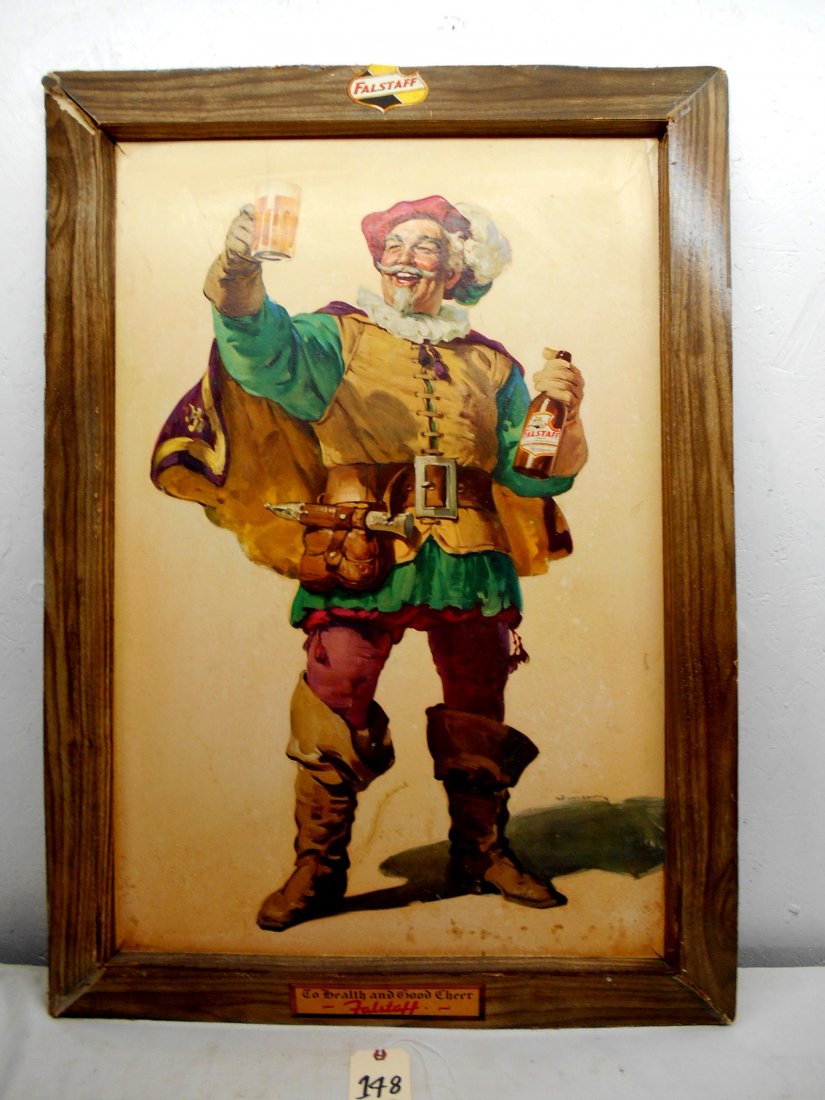 FALSTAFF BEER Wall Sign - Sir John Falstaff: Vintage FALSTAFF BEER wall sign advertisement with impage of the charcter Sir John Falstaff. Made of pressed paper, rough around the corners. 33” H x 27” W x 1” D