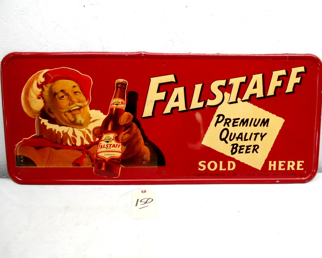FALSTAFF BEER Red Metal Sign with Character: Vintage FALSTAFF BEER advertisement. Red and yellow metal sign with character and the text “FALSTAFF, Premium Quality Beer, Sold Here”. 15” H x 36” W
