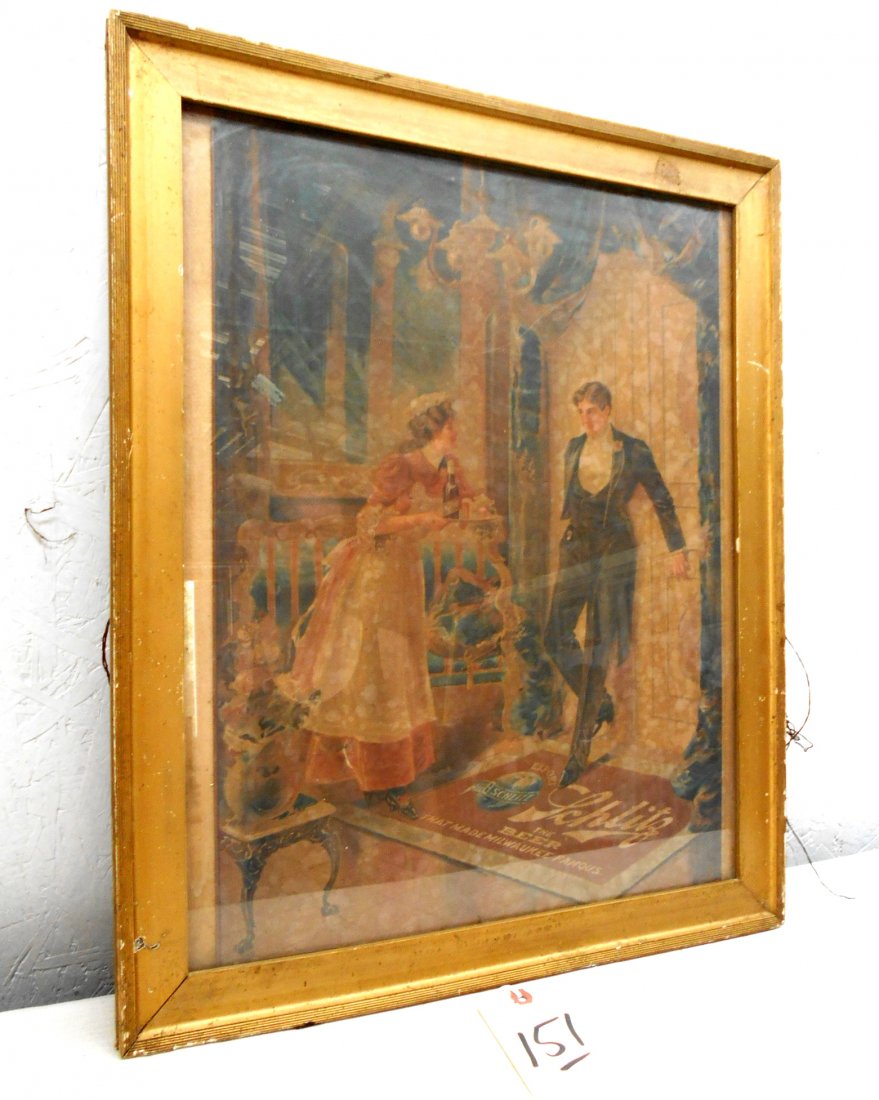 SCHLITZ BEER Framed Wall Print: Early vintage SCHLITZ BEER framed wall print advertisement under glass depicting a maid with a tray of Schlitz and a man in a tux. 18.5” H x 23” W x 1” D