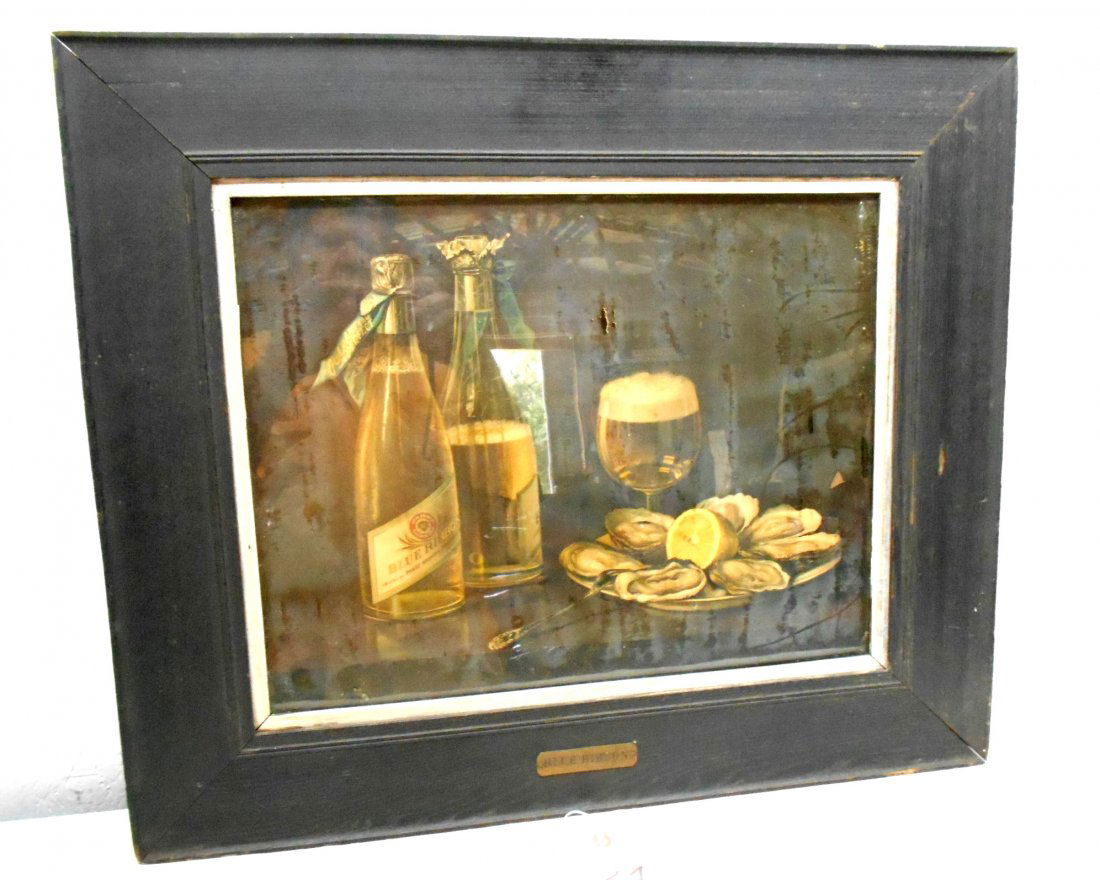 Antique PABST BLUE RIBBON BEER Framed Wall Print: Antique PABST BEER advertisement print depicting beer and oysters with a tiny plaque that says “Blue Ribbon” on frame, possibly late 1800s-early 1900s. 21.5” H x 25.5” W x 1” D