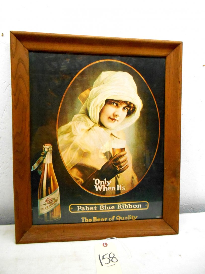 PABST BLUE RIBBON Framed Print - Lady Drinking Beer: Vintage PABST BLUE RIBBON BEER framed advertisement print. Lady with her head covered and wearing gloves with old fashioned PBR bottle ith texas “The Beer of Quality”. 23” H x 19.25” W x 1.5��