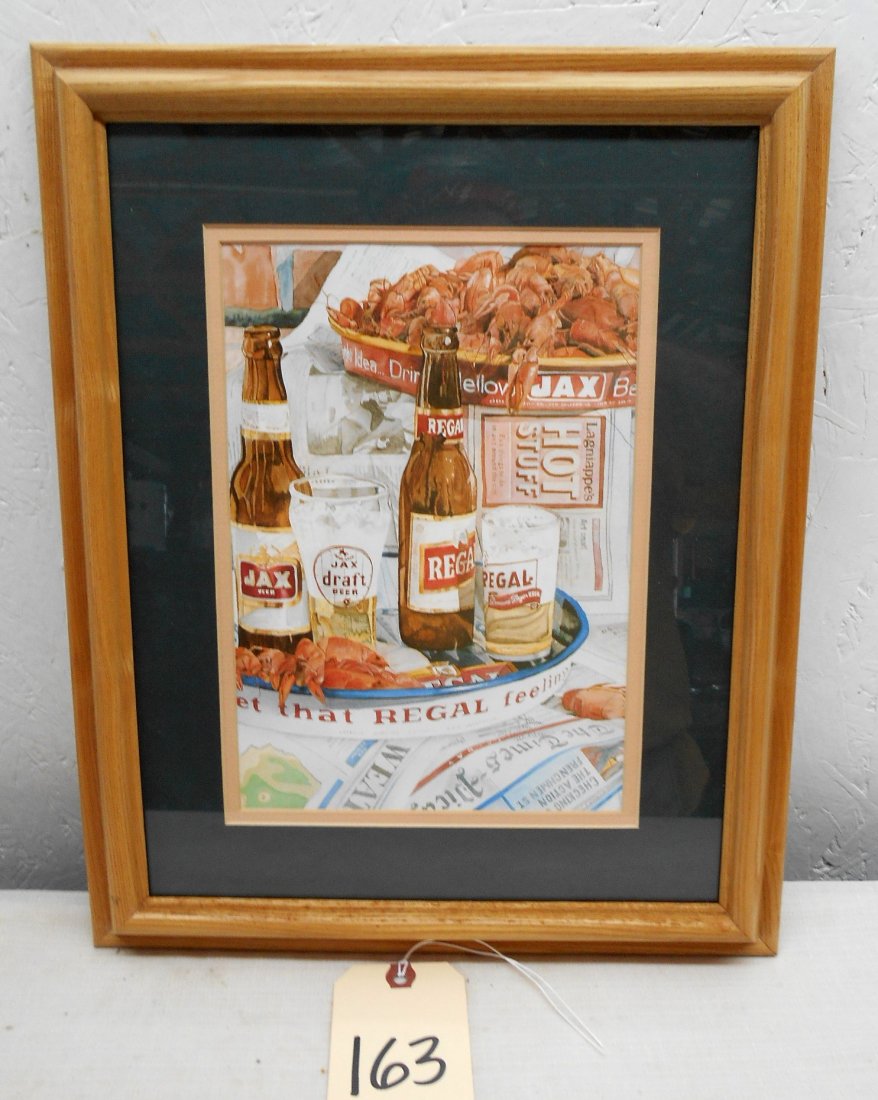 REGAL BEER and JAX BEER New Orleans Louisiana Crawfish: Print depicting trays of crawfish, newspaper lined tables and Dixie and Regal Beer. 16.25” H x 13.25” W x 1” D