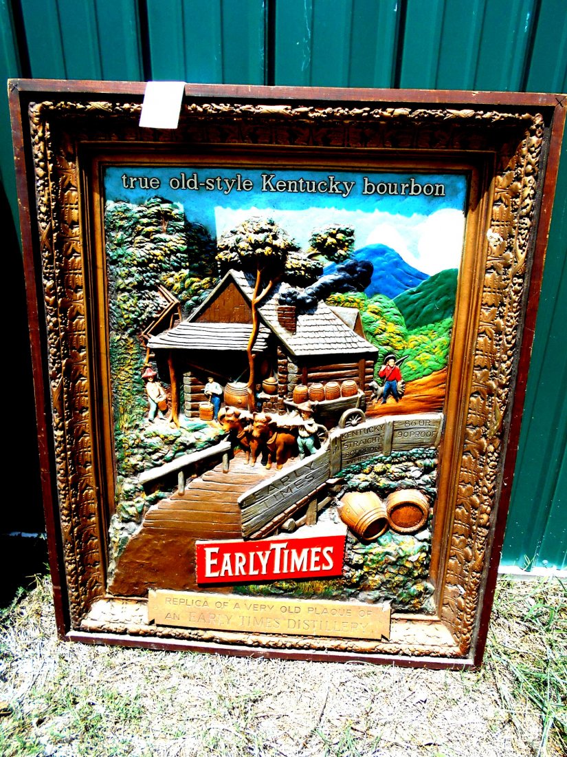 EARLY TIMES Wiskey sign: Vintage EARLY TIMES Wiskey advertisement sign. Very large, heavy molded plaster wall hanging. Possibly refurbished or in otherwise great condition. 46” H x 37” W x 4.25” D