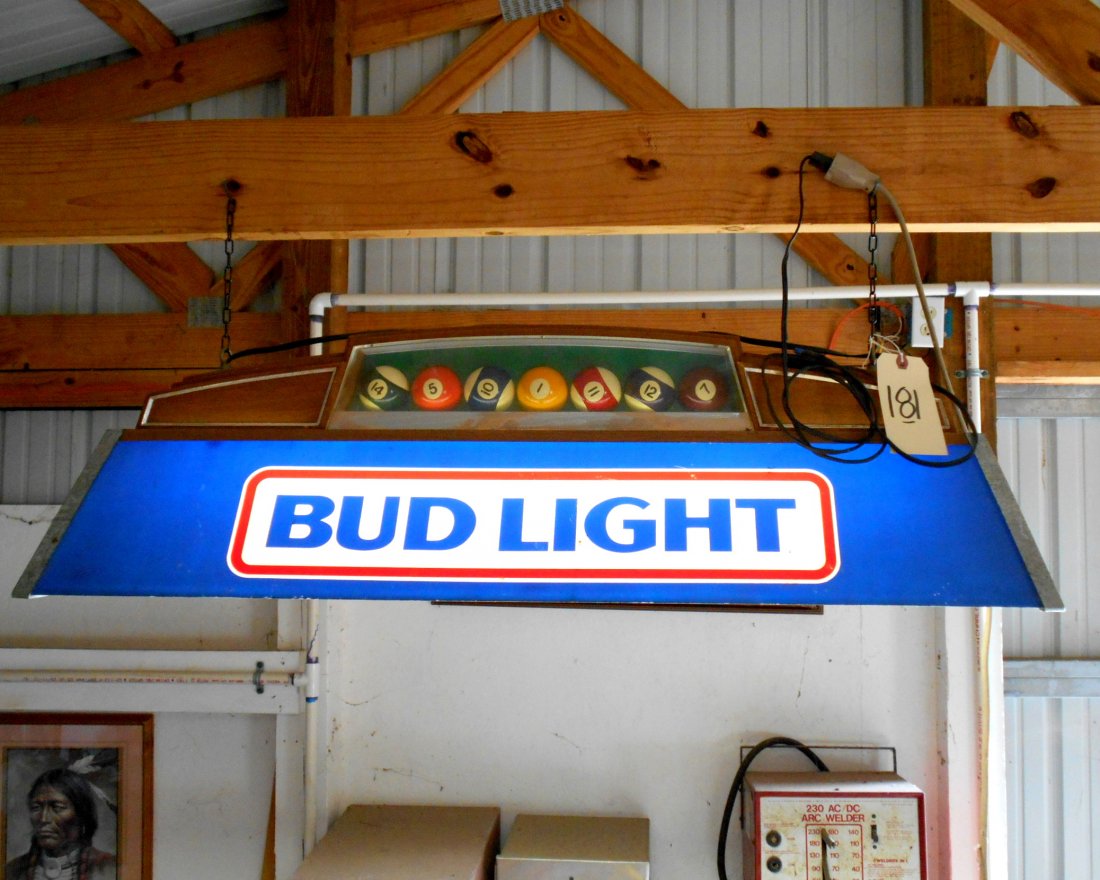 BUD LIGHT Pool Table Light: Vintage BUD LIGHT pool table light advertisement with stylized pool balls. Single florescent light bulb, blue with Bud Light logo. 12.75” H x 40” W x 14” D