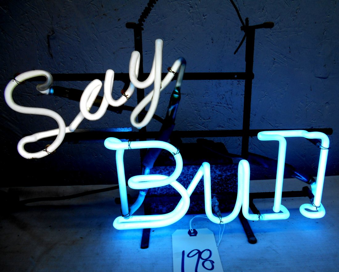 SCHLITZ Malt Liquor neon sign - SAY BULL: Vintage Schlitz Malt Liqour neon advertiseiment sign. Bright blue and white text reads "Say Bull" 11" H x 18" W x 6" D