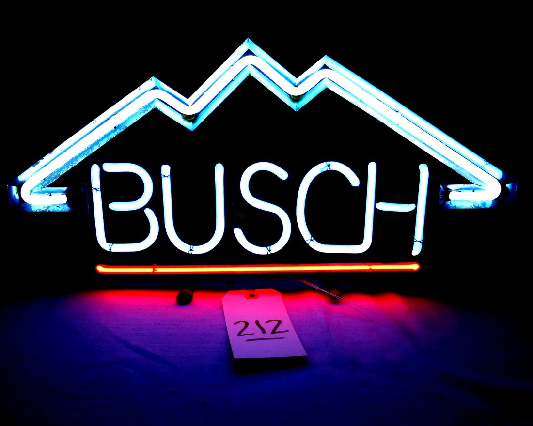 BUSCH BEER Neon Sign: Vintage BUSCH BEER neon sign advertisement in great working condition. Busch logo with Mountains and a red line beneath. 10.75" H x 20" W x 6" D