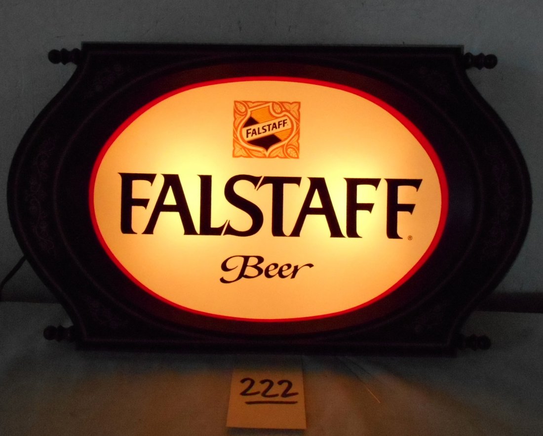 FALSTAFF BEER Light Sign: Vintage FALSTAFF BEER advertisement light up beer sign Old timey framed wall sign. Light works. Falstaff logo in center. Metal back housing, plastic frame. 8.5" H x 11" W x 3.25" D
