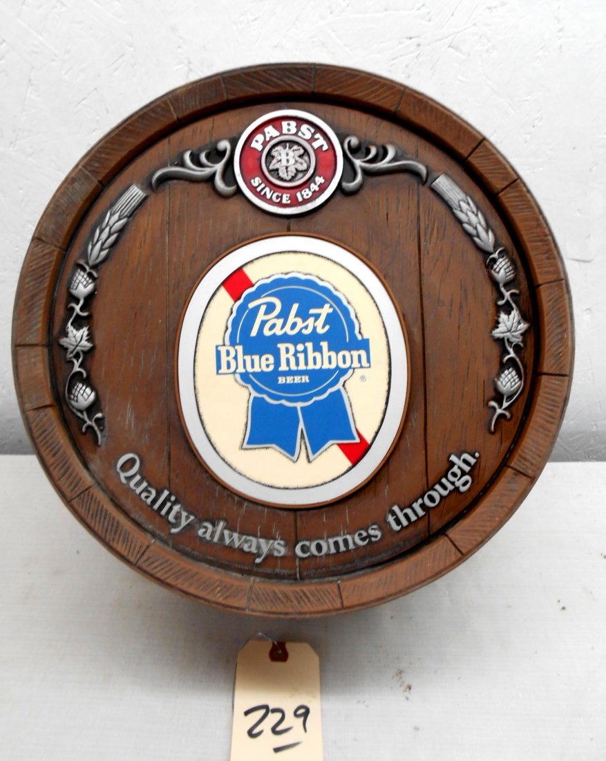 PABST BLUE RIBBON PBR Beer Barrel Wall Hanging: PABST BLUE RIBBON PBR Beer advertisement barrel wall hanging. Round faux barrel wall hanging with Pabst Blue Ribbon logo. 16" Diameter x 6" Deep