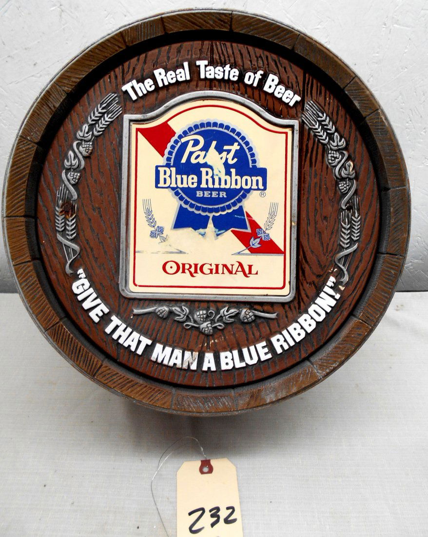 PABST BLUE RIBBON PBR Beer Barrel Wall Hanging: PABST BLUE RIBBON PBR Beer advertisement barrel wall hanging. Round faux barrel wall hanging with Pabst Blue Ribbon logo. 16" Diameter x 6" Deep
