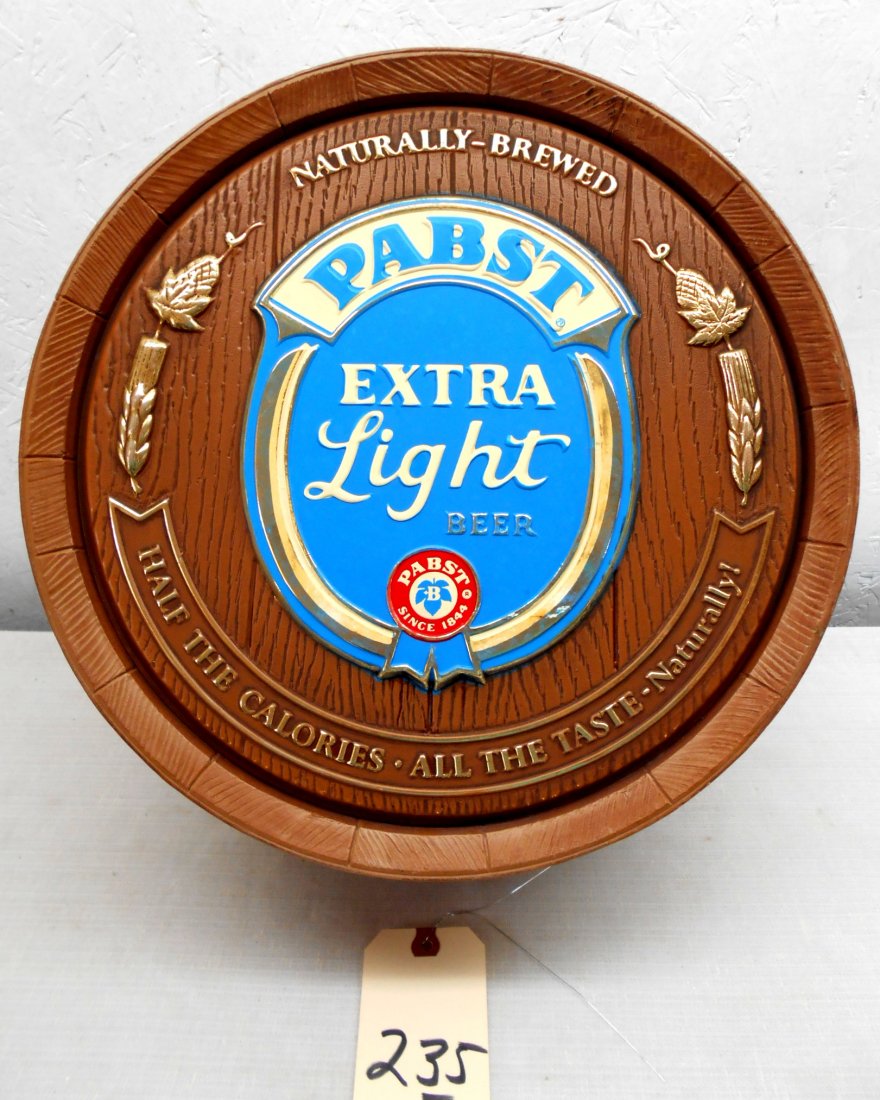 PABST BLUE RIBBON BEER Barrel Wall Hanging - Rare: Vintage PABST BLUE RIBBON PBR BEER barrel wall hanging - RARE. Round faux barrel wall hanging with early Pabst Blue Ribbon logo. Hard to find design. 16" Diameter x 6" Deep