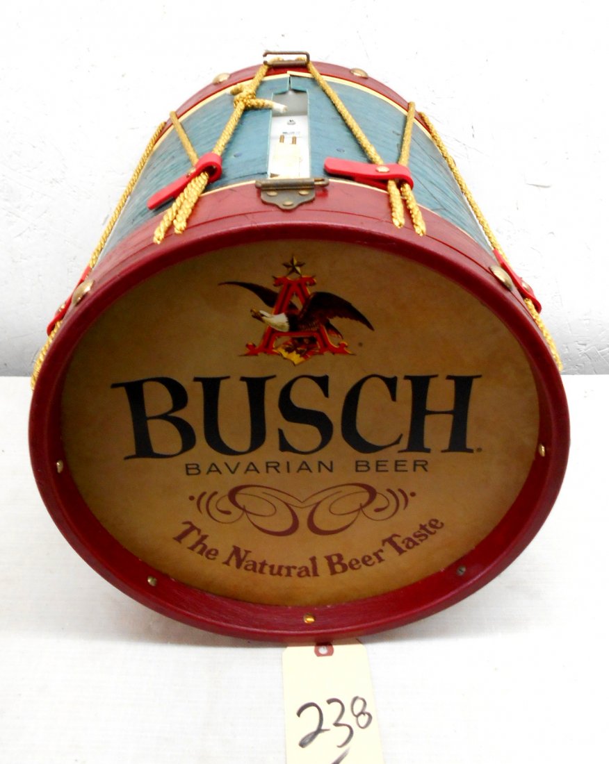 BUSCH BAVARIAN BEER Drum Light DÃ©cor: Vintage BUSCH Bavarian Beer large drum shaped light dÃ©cor advertisement. Large Novelty drum that will light up. NEEDS NEW BULB. Busch Bavarian Beer logo and Anheuser Busch Eagle on one side of drum