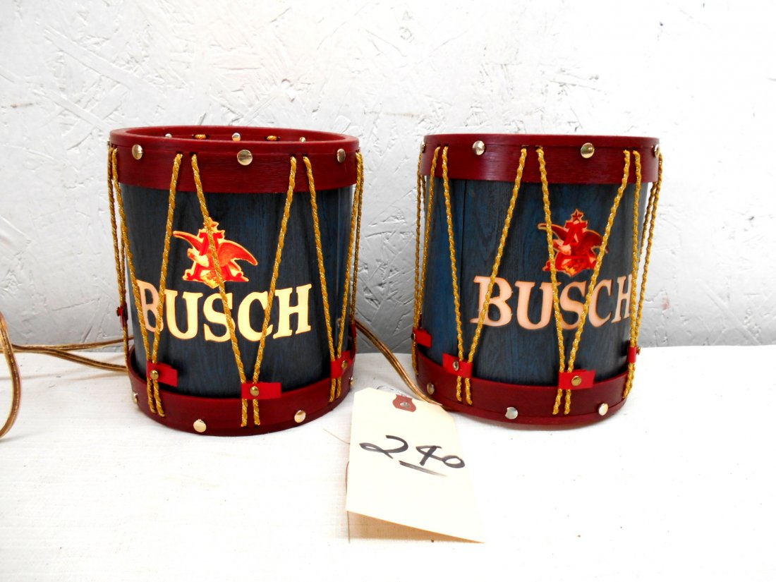 BUSCH Bavarian Beer Small Drum Sconce, Set of 2: Vintage BUSCH Bavarian Beer small drum sconces, Set of 2. Busch Bavarian Beer novelty drum shaped wall lights/sconces. Working. 5.5" Diameter x 6.25" Deep