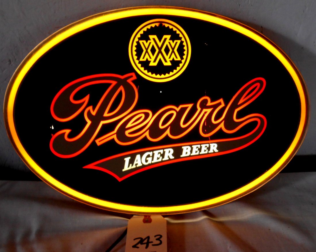 PEARL BEER Light Up sign: Vintage PEARL BEER light up advertisement sign. Maroon and orange classic Pearl Beer light up wall sign. 13" H x 19" W x 2" D