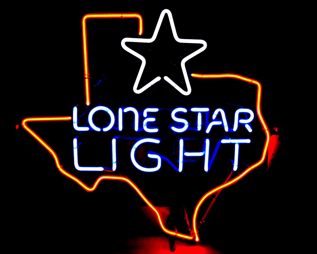 LONESTAR LIGHT Neon Sign: Large vintage Texas shaped neon sign advertisement with star and Lone Star Light text. Awesome collector's piece. 27.75" H x 27.5" W x 6" D