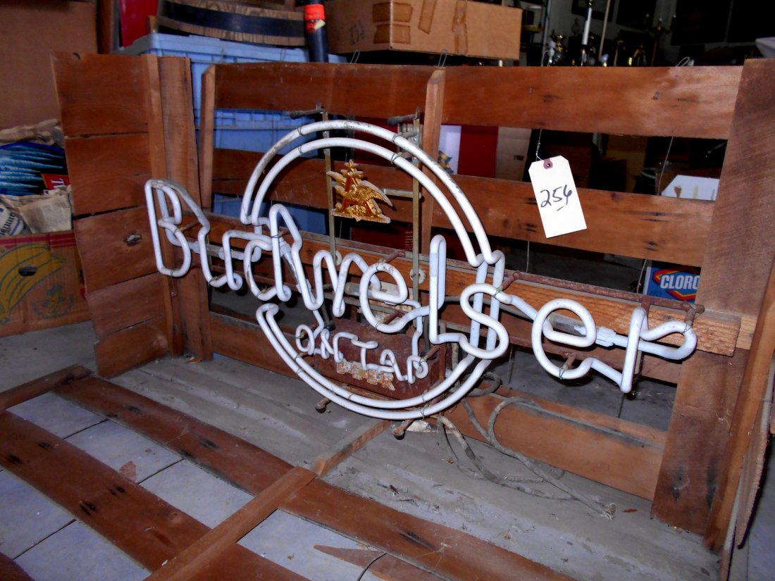 BUDWEISER BEER "œOn Tap" Neon Sign: Vintage BUDWEISER "On Tap" neon sign adverstisement. Very large. Still packaged in original train shipping crate. CORD NEEDS TO BE REPLACED. Cord appears to have vermin damage from storage. Neon is in