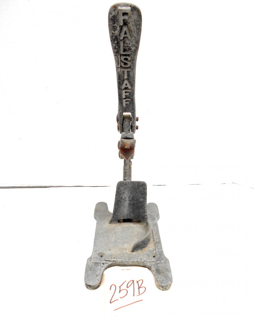 FALSTAFF BEER - Bar Beer Can Opener: Old style bar mounted beer can opener, pre "pop top". Excellent antique working model with patent number. Pot metal. 8.25"x13" tall
