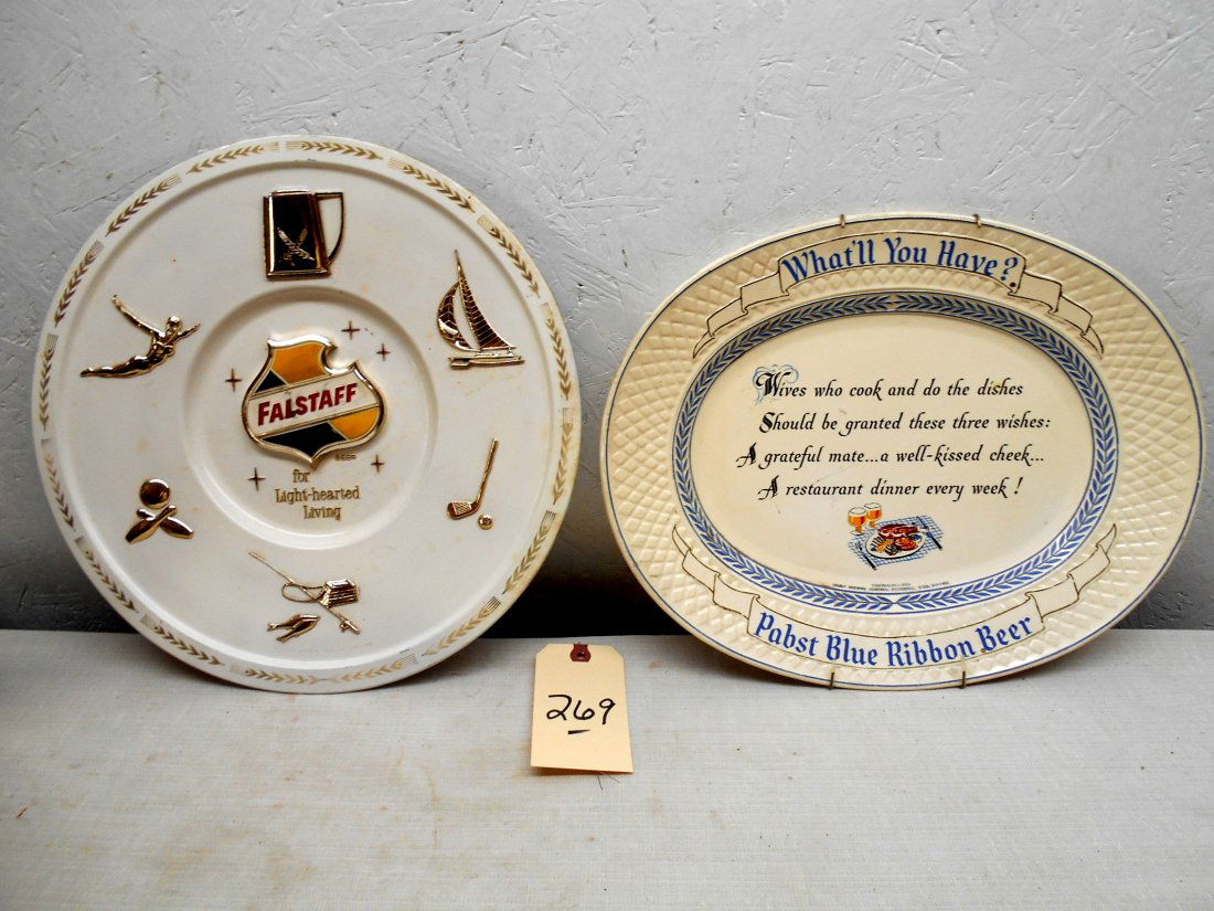 PABST BLUS RIBBON & FALSTAFF BEER Trays: Vintage plastic Pabst Blue Ribbon oval shaped serving tray with the words to a toast about wives and a Falstaff round plastic serving tray with sports images and shield logo ands the text, "For Light-
