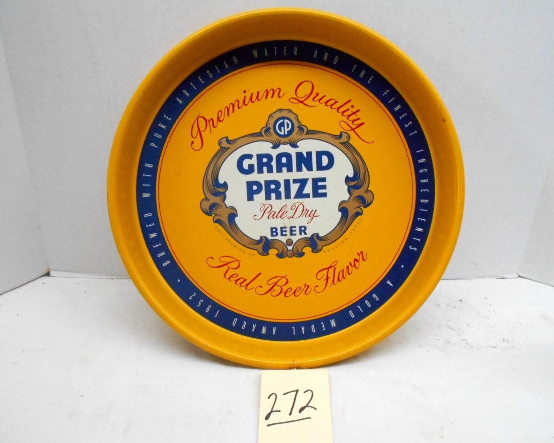 GRAND PRIZE Metal Beer Tray: Metal tray with some minor stains on front and minor wear on back 13.25" H X 1.75" W