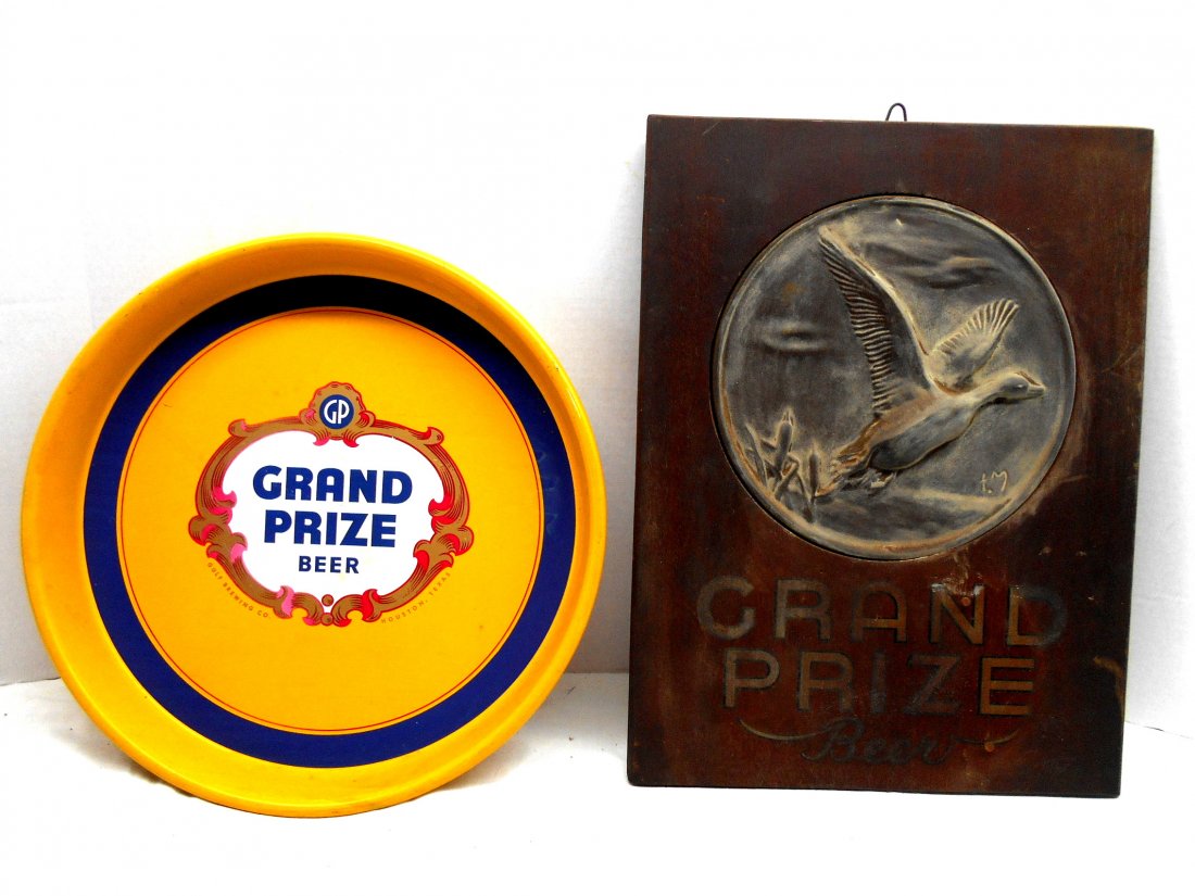 GRAND PRIZE BEER Tray & Plaque: Two pieces of advertisement. Vintage metal beer serving tray (12" dia x 1" deep). Gold, blue, red, and white. Large Grand Prize logo in center. Metal tray shows some minor wear front and back from use