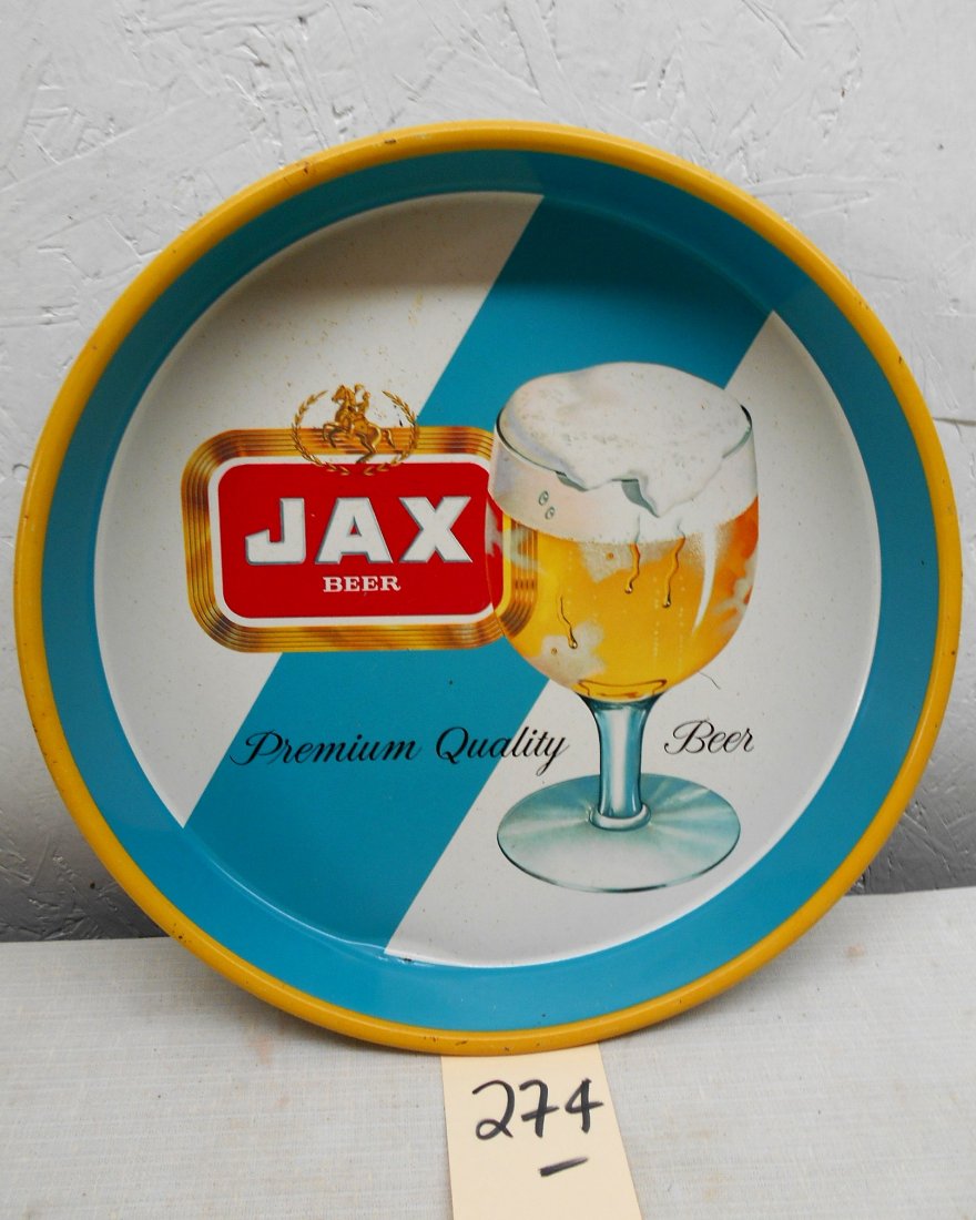 JAX BEER Tray: Vintage JAX BEER metal serving tray. Jax Beer logo in with beer glass. Bright colors, blue, white and yellow. 13.25" diameter x 1.5" D
