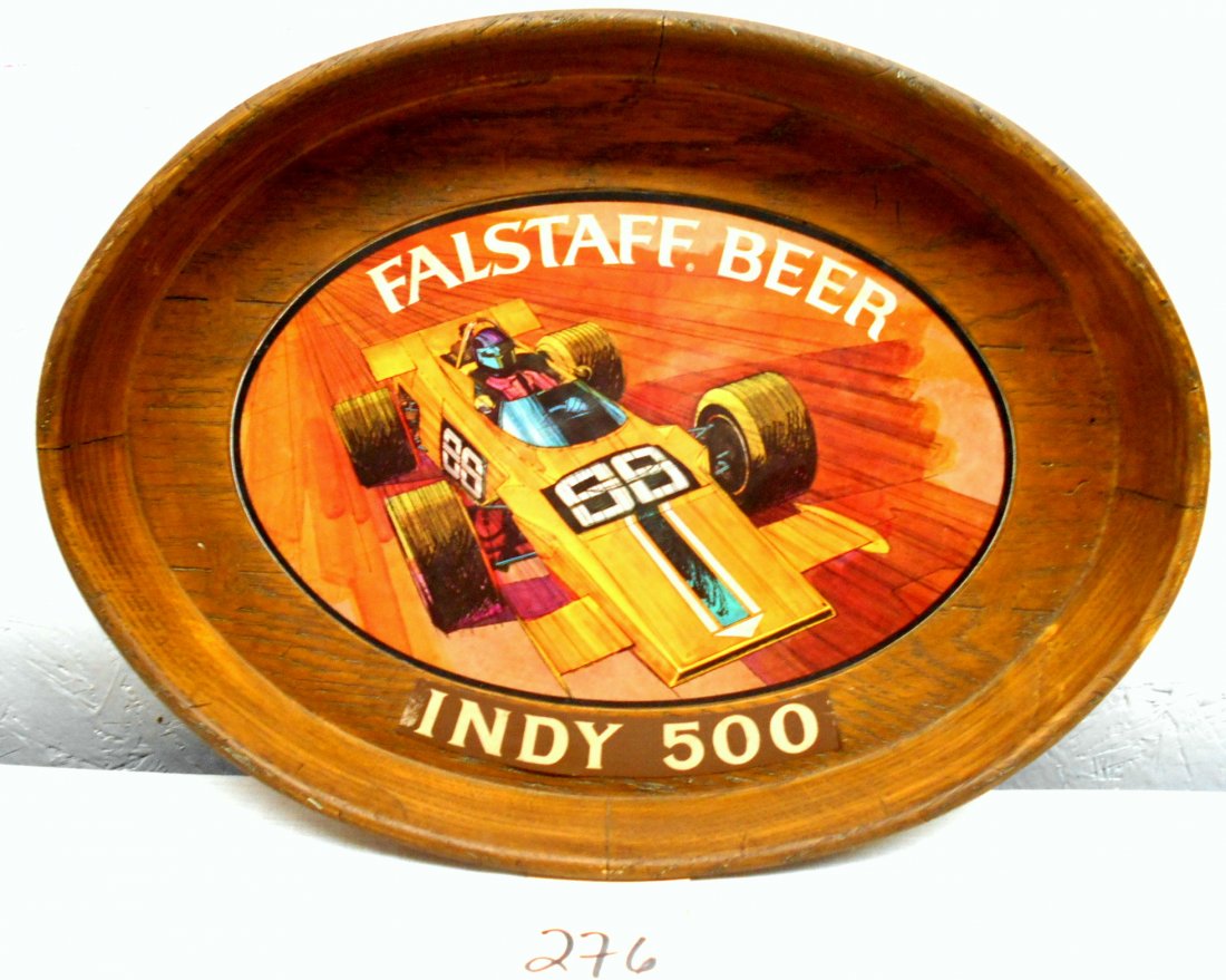 FALSTAFF BEER Tray: Vintage oval shaped Indy 500 Commemorative JAX BEER serving tray/wall hanging advertisement. Faux wood design with race car image.12" H x 16" W x 1.5" D
